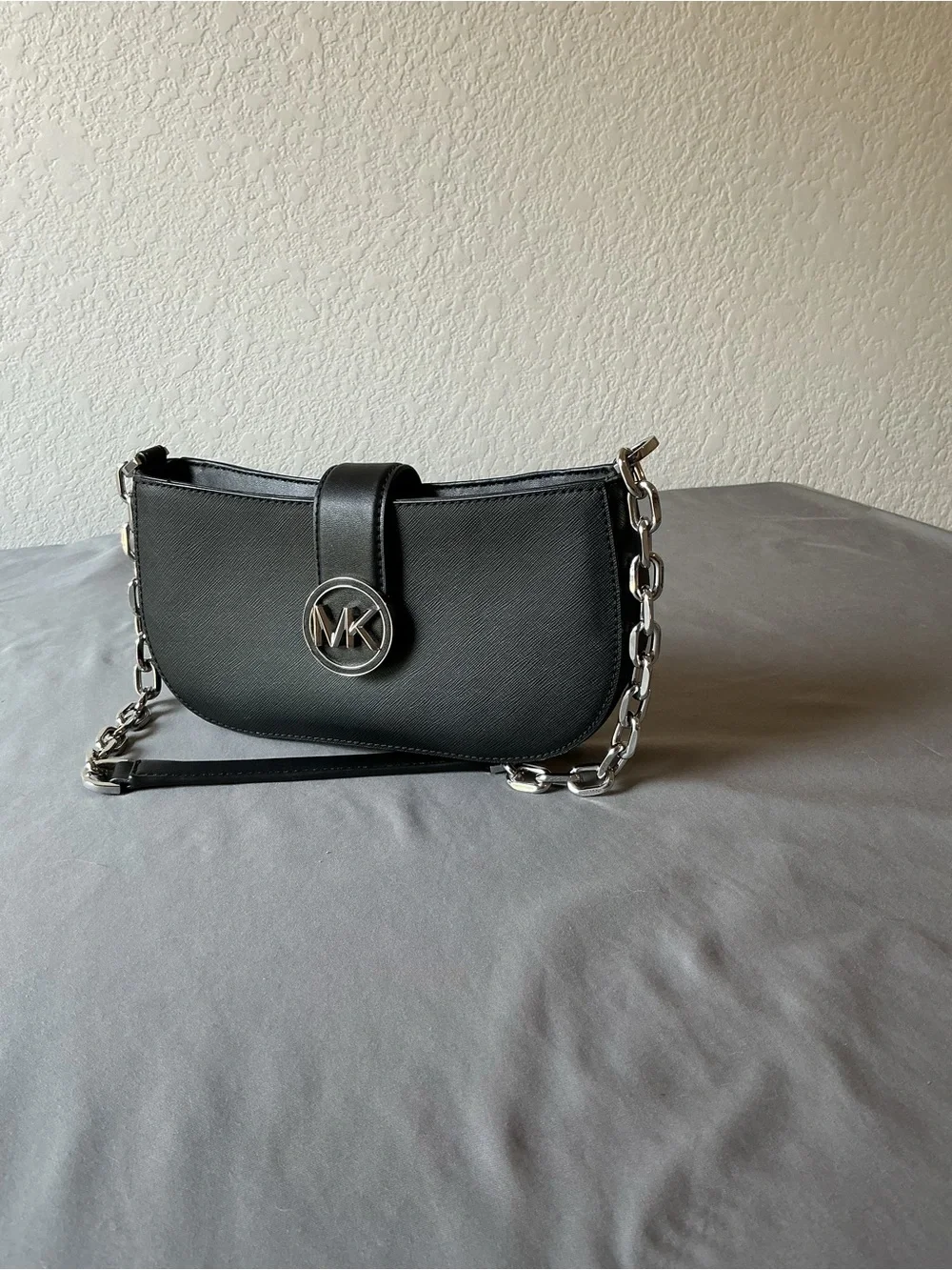 Michael Kors Black Shoulder Bag with Silver MK Emblem and Chain Strap